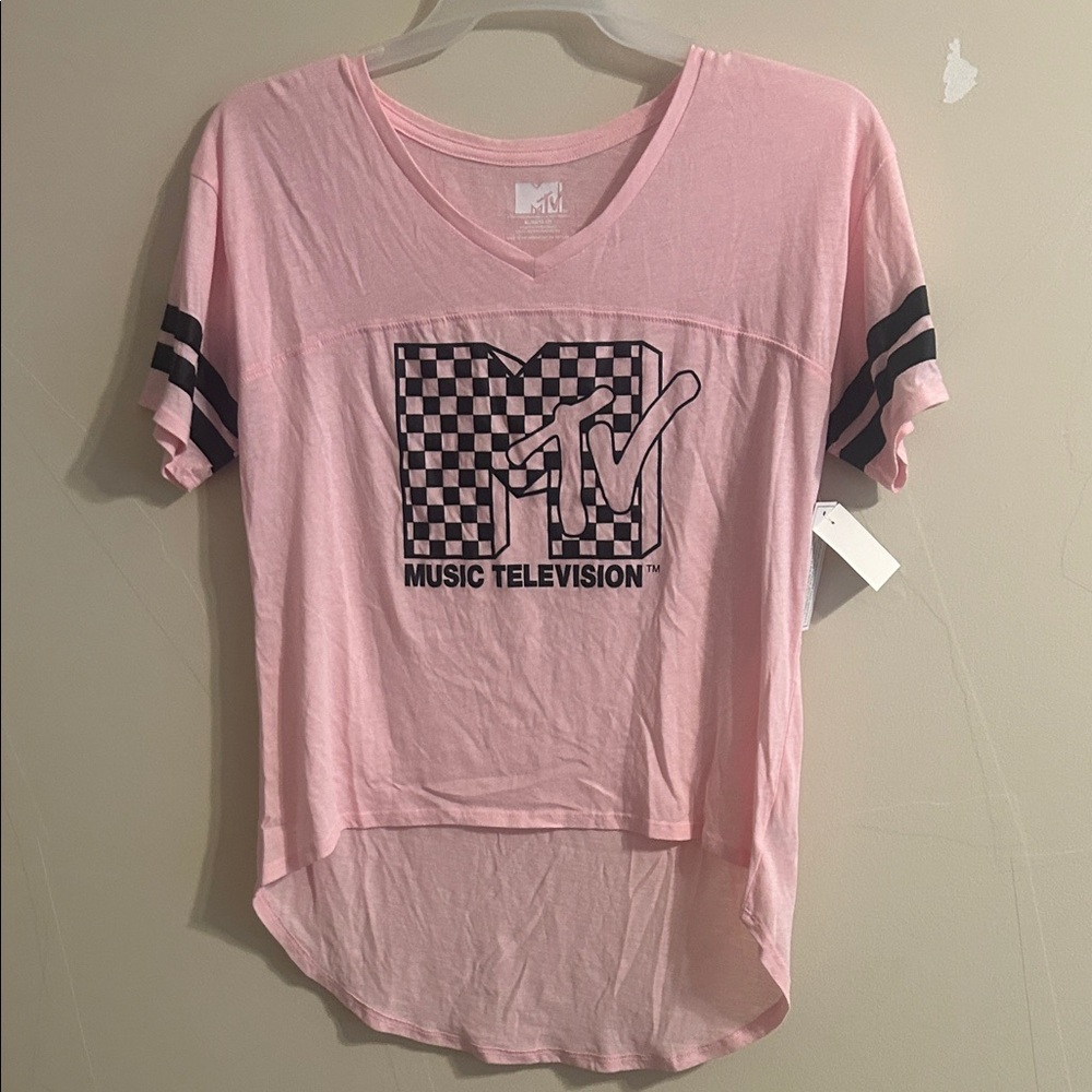 MTV Pink Short Sleeve V-Neck Tee with Black Graphic